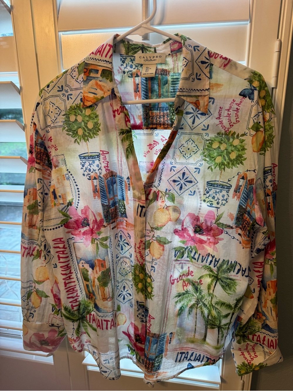 Calypso Ladies L St. Barth White Multicolor Tropical Print Button-Down Shirt